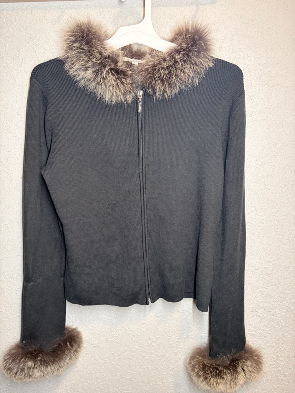 Carol Anderson Black Fox Fur Trim Zip Cardigan Sweater Vintage Luxury Size Large